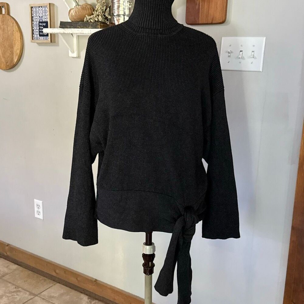 Zara knit ribbed turtleneck sweater womens size small tie waist modest minimalis